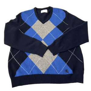 Express Men’s Lambs Wool Argyle Pullover Sweater Size L Blue & Grey V Neck